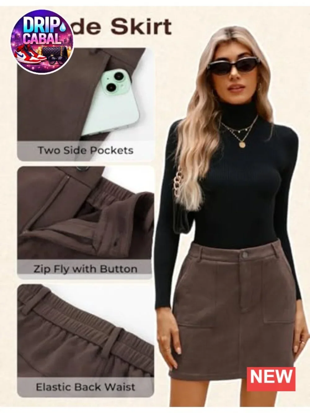 Women's Faux Suede High Waisted Pencil Mini Skirt with Pockets